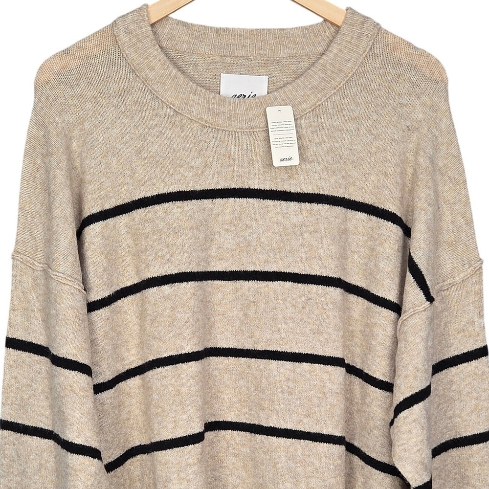 Aerie Sweater Womens XL Beige Black Striped OVERSIZED Crewneck Pullover Soft NEW